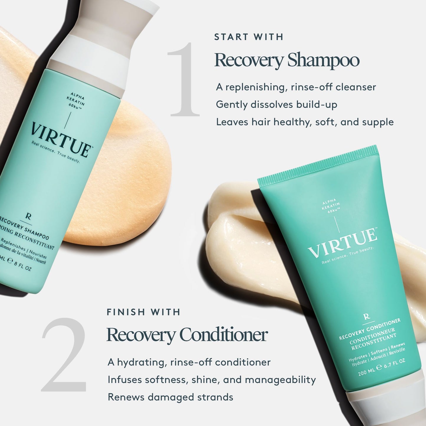 VIRTUE Recovery Sulfate Free Shampoo with Keratin and Baobab Seed Oil for Damaged Hair, Color Safe