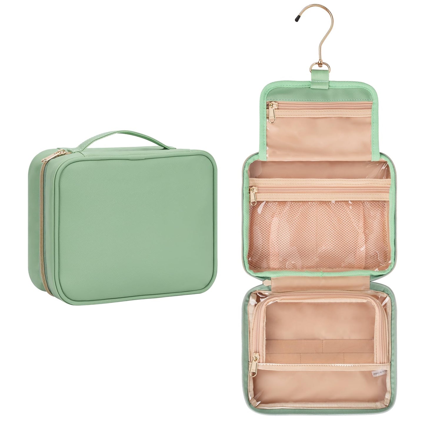 CUBETASTIC Hanging Travel Toiletry Bag, Portable Green Makeup Bag with Handle, 3 Compartment Small Travel Bag for Toiletries Waterproof Leather Cosmetic Organizer Pouch with 360° Hook