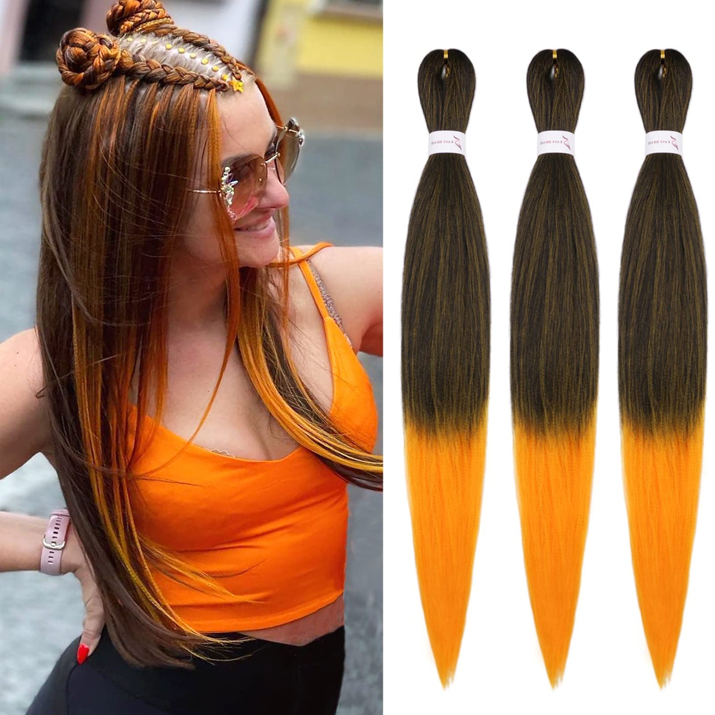 IXIMII Black and Orange Pre Stretched Braiding Hair 26 inch 3 packs Prestretched Braids Hair Straight Synthetic Crochet Braids Ombre Color Yaki Texture Hot Water Setting Hair Extensions