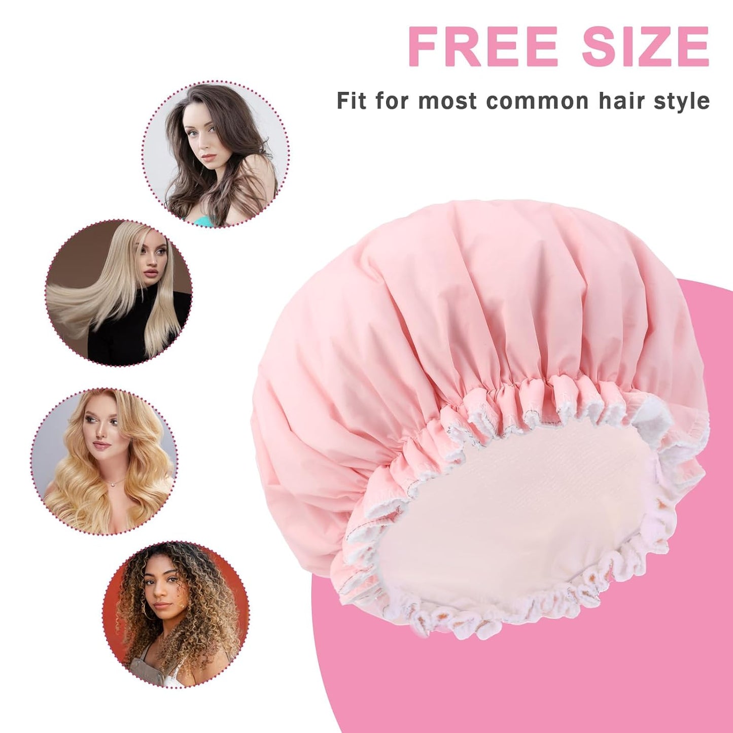 Skiennix Reusable Shower Cap - Waterproof Terry Cloth Lined Design | Pink Double Layer for All Hair Lengths