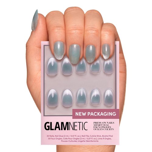Glamnetic Press On Nails - Unicorn Tears | Short Oval, Misty-Grey Fake Nails with a Mesmerizing Metallic Finish | 15 Sizes - 30 Nail Kit with Glue