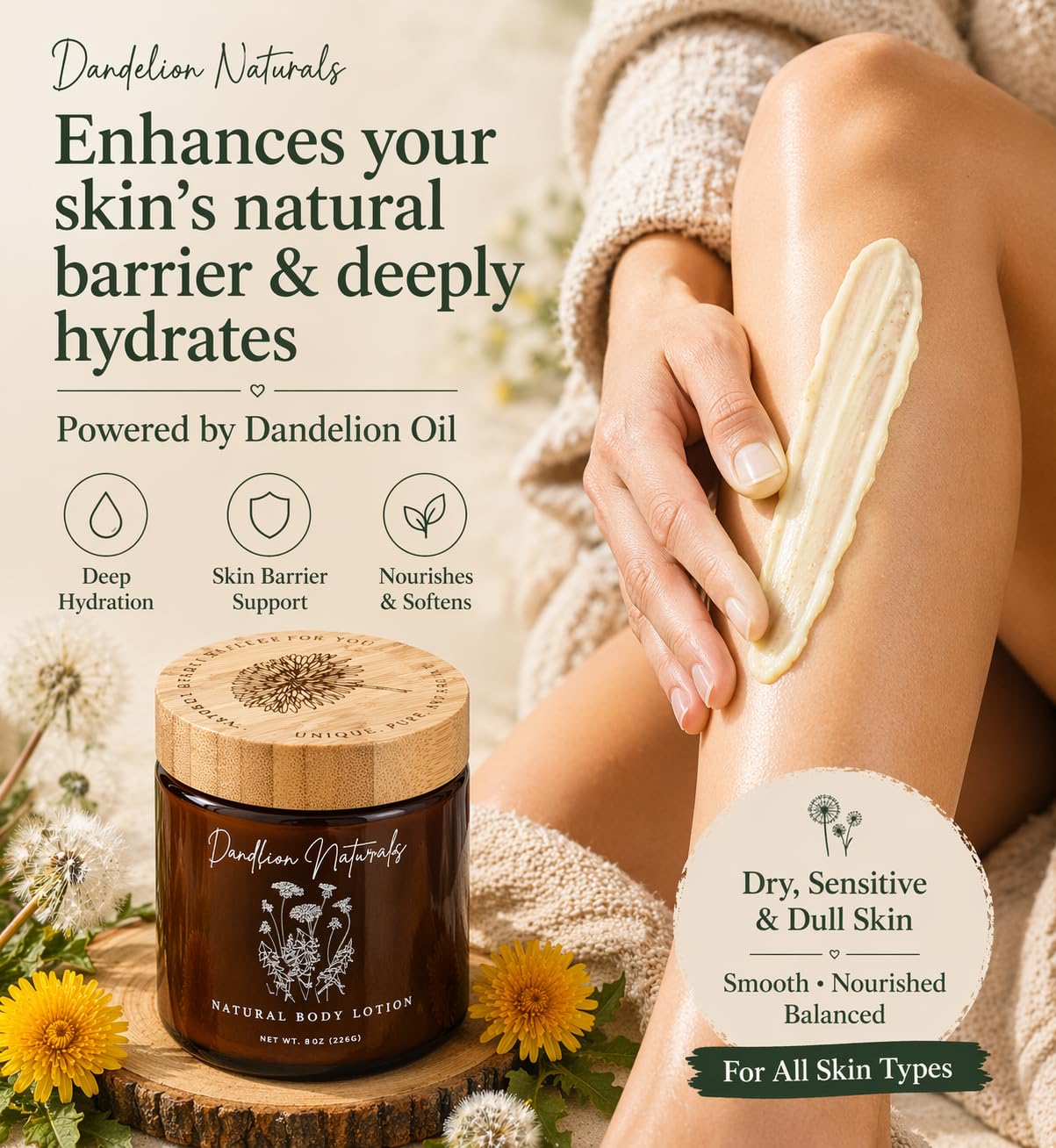 Skiennix Body Lotion - Deep Hydrating Botanical Moisturizer with Dandelion Oil | 8 oz for Dry & Sensitive Skin