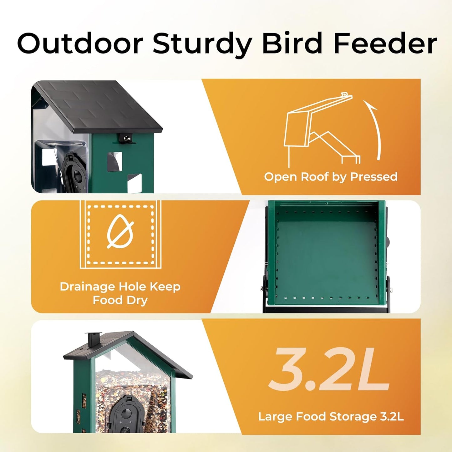 TT Nature Smart Bird Feeder - Solar Powered Camera with AI Bird Identification & Squirrel Proof Design | 3.2L Capacity, Green
