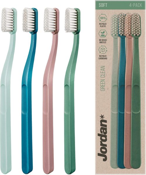 Jordan® Green Clean Manual Toothbrush - Sustainable Scandinavian Design, Soft Bristles | 4-Pack