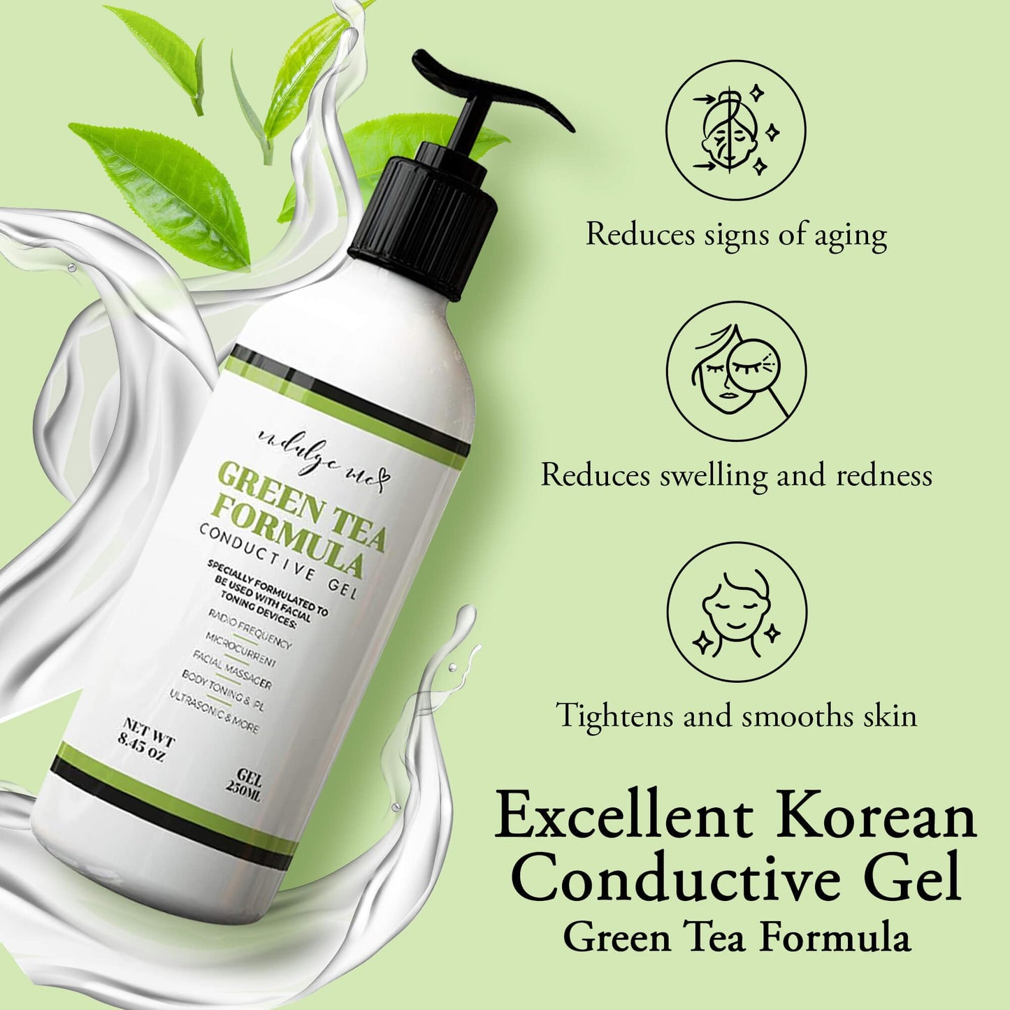 IndulgeMe Facial Conductive Gel for Microcurrent Device with Korean Green Tea Extract, Aloe Leaf Water, Hyaluronic Acid - Primer Conducting Gel for Face/Body Sculpting, RF, Red Light Therapy (8.45 oz)