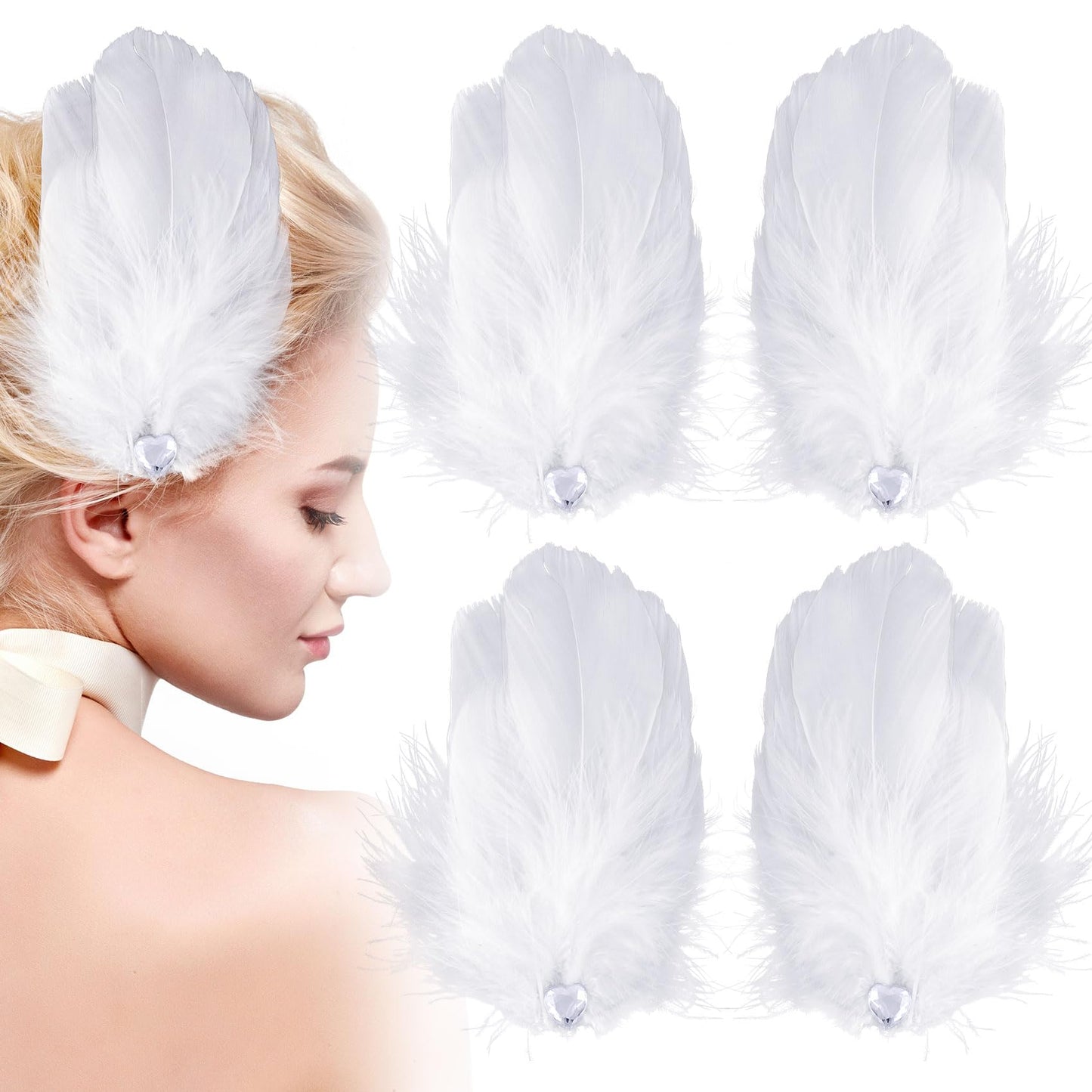 ANCIRS 4 Pack Feather Hair Clips for Women, Fly-Wing Shape Hair Barrettes Accessory Hairpins 1920s Flapper Headpiece Hair Piece for Swan Lake Cosplay Show Dancing Party Halloween Costume- White