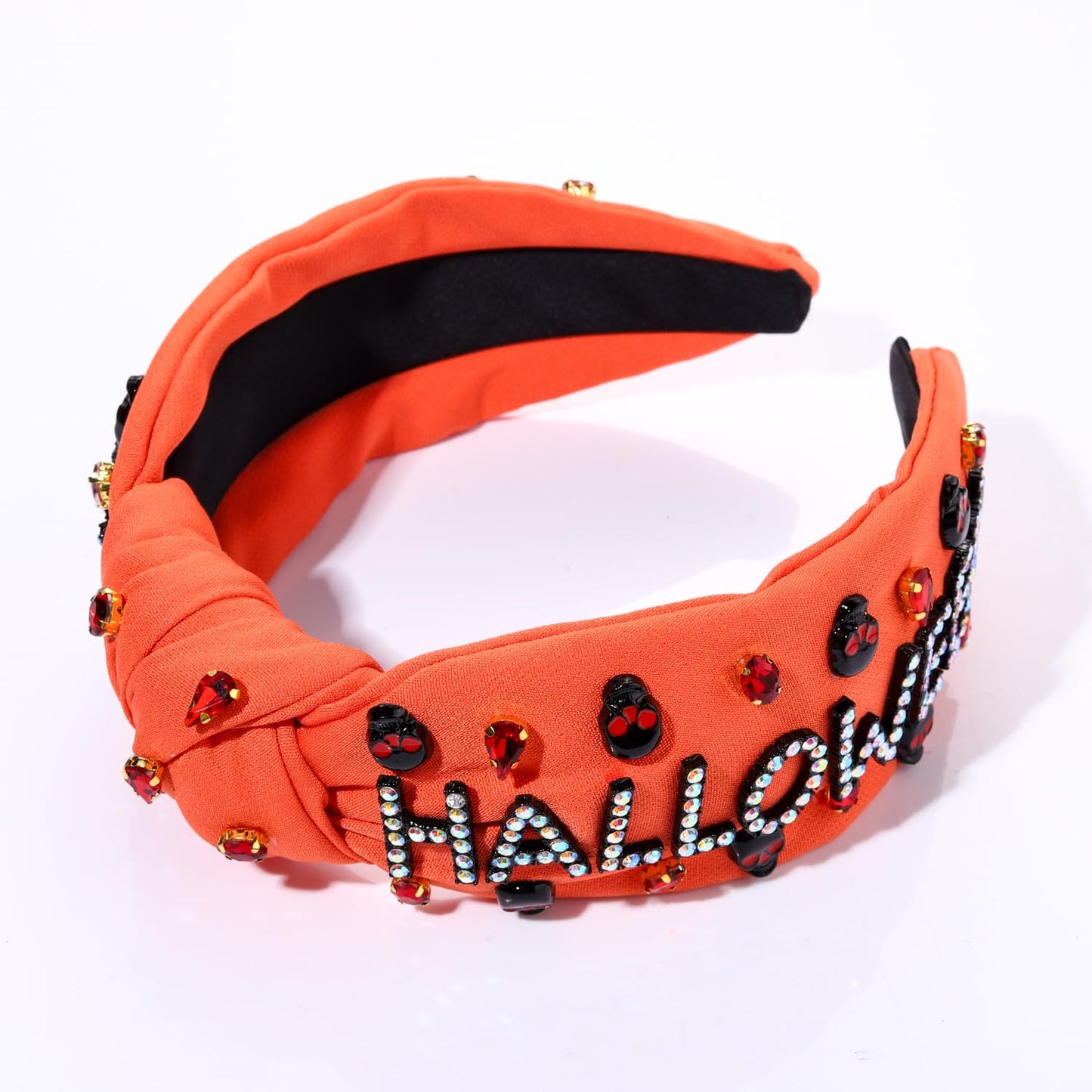 CEALXHENY Halloween Headbands for Women Halloween Accessories Beaded Boo Trick or Treat Knotted Headband Embellished Rhinestone Pearl Top Knot Headbands Halloween Costume Party Hair Accessory