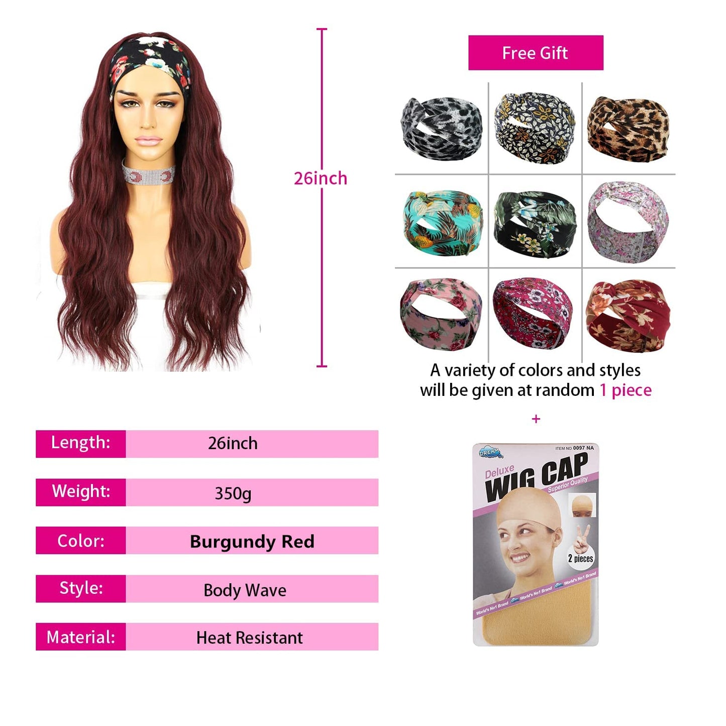 SAPPHIREWIGS Loose Body Wavy Glueless Headband Wig Synthetic Hair Wigs for Black Women Wave None Lace Front Wigs Burgundy Red Color Machine Made Wigs 150% Density 26inch