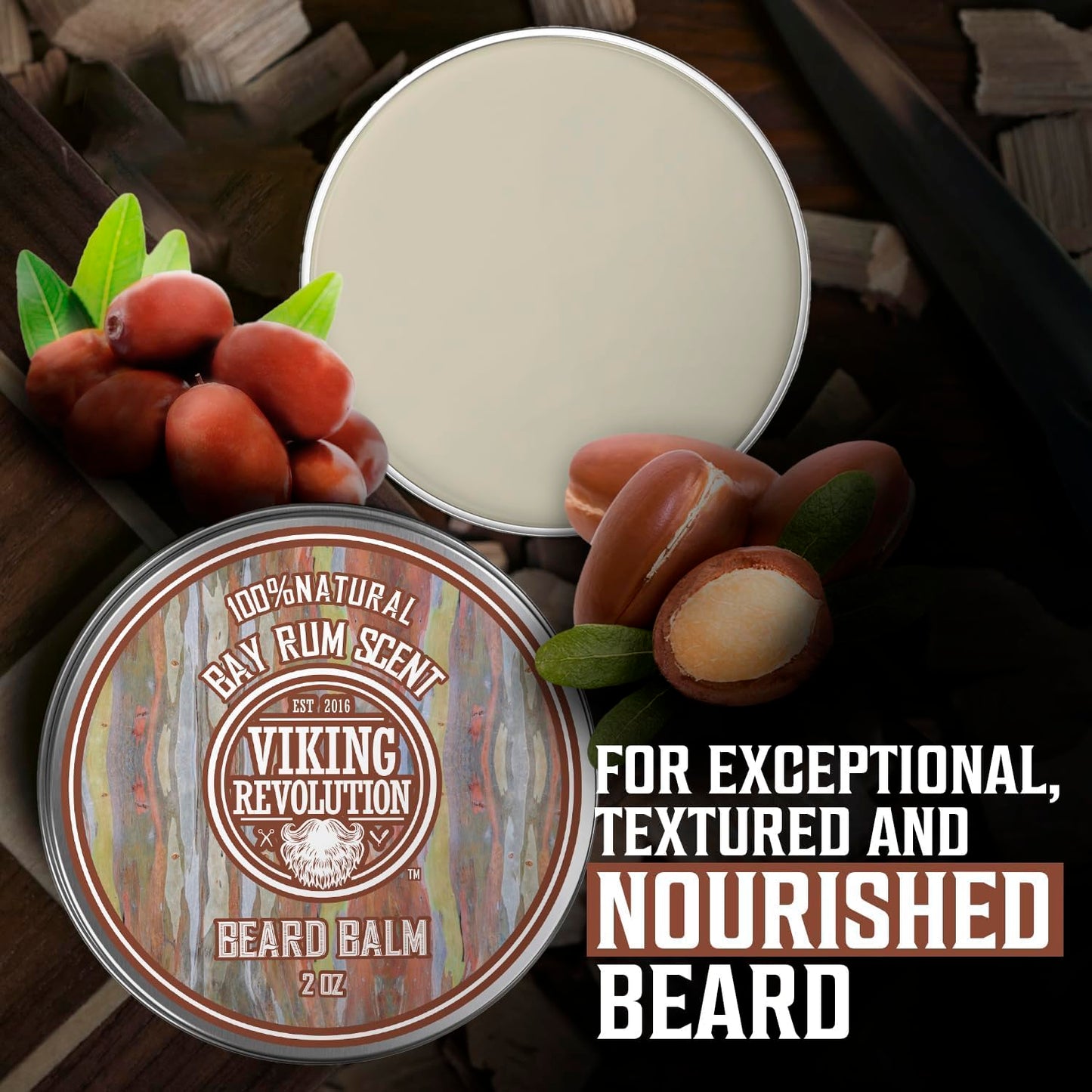 Viking Revolution Bay Rum Beard Balm - Nourishing Beard Butter with Argan & Jojoba Oil | 2oz, Softens & Moisturizes