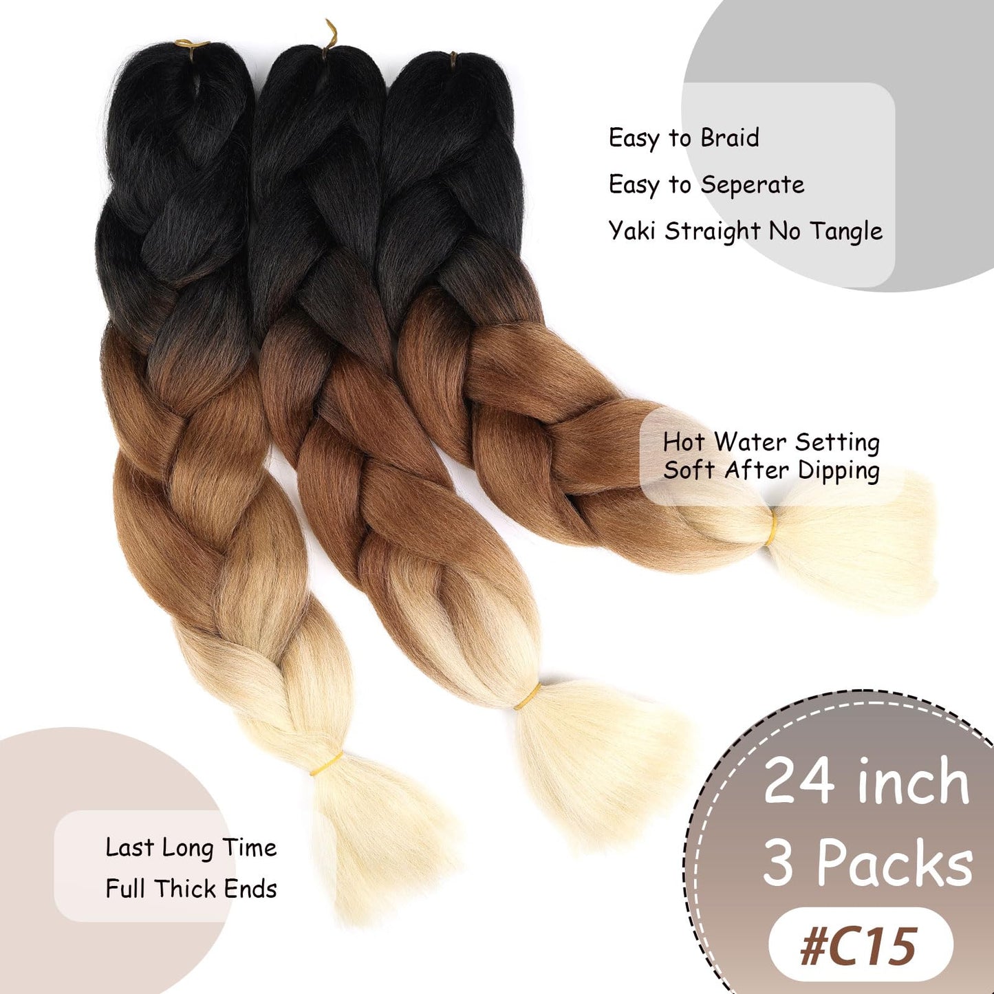 Black Brown Blonde Braiding Hair Extensions Ombre Braiding Hair 3 Packs 24 inch Synthetic Hair for Braiding