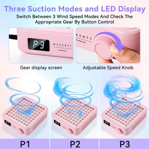 Makartt MIni Nail Dust Collector - Professional Powerful Suction Larina Dust Cleaner with LED Display, Adjustable Speed Wrist Rest and Reusable Filter for Nail Tech Acrylic Gel Polishing Pink