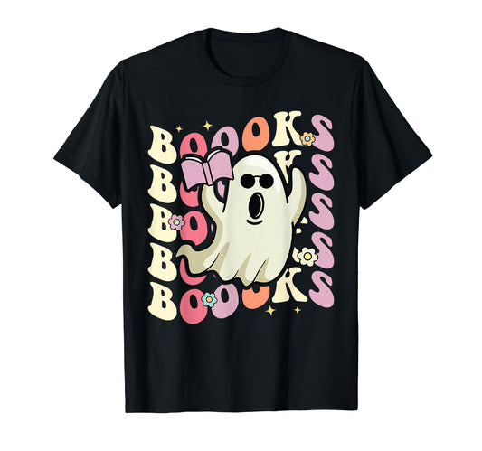 Boooks Ghost Groovy Book Reading Halloween Teacher Women T-Shirt