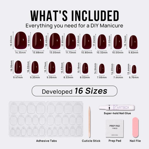 BTArtbox Press On Nails Short - Dark Red Press on Nails, Short Oval Fake Nails with Nail Glue, Fit Perfectly & Natural Reusable Stick on Nails in 16 Sizes Soft Gel Nail Kit, Coffee Bean