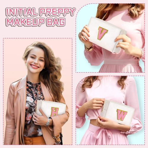 TOPEAST Gifts for Women Teen Girls - Birthday Gifts for 4 5 6 7 8 9 10 11 12 Year Old Girls, Initial Makeup Bag, Cosmetic Bag Travel Toiletry Pouch (White A)