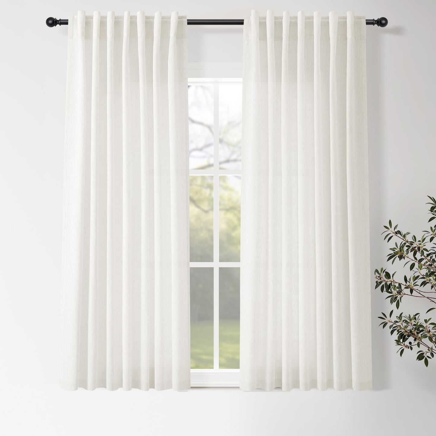 Nanspring Natural Linen Curtains for Kitchen Windows Over Sink - Cafe Curtain Semi Sheer with Rod Pocket and Back Tab Lightweight Rustic Textured Bistro Curtains for Bathroom, 2 Panels 25 x 24 Inch