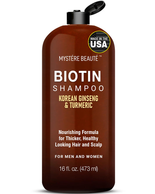 MYSTÉRE BEAUTÉ Biotin Shampoo with Korean Ginseng & Turmeric - Thickening Shampoo, Fights Hair loss, Sulfate Free, Daily Shampoo for Men & Women- Best For Thinning Hair, 16 fl oz