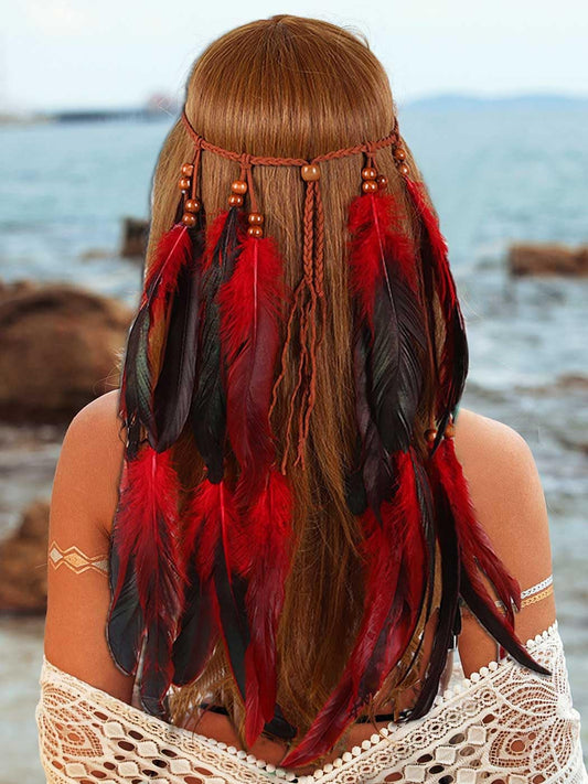 GORTIN Boho Feather Headband Hippie Headband Gypsy Feather Headpiece Indian Costume Headwear Hair Accessory for Women (B-Red, One size)