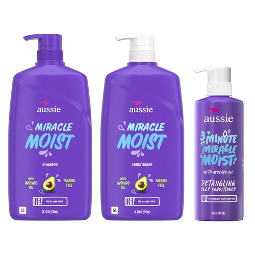 Aussie Miracle Moist Shampoo and Conditioner with 3 Minute Miracle Deep Conditioner, Avocado & Jojoba Oil, Paraben-Free, Moisturizes & Detangles, All Hair Types, Citrus Floral Scent, 3 Pack 68.4 Fl Oz