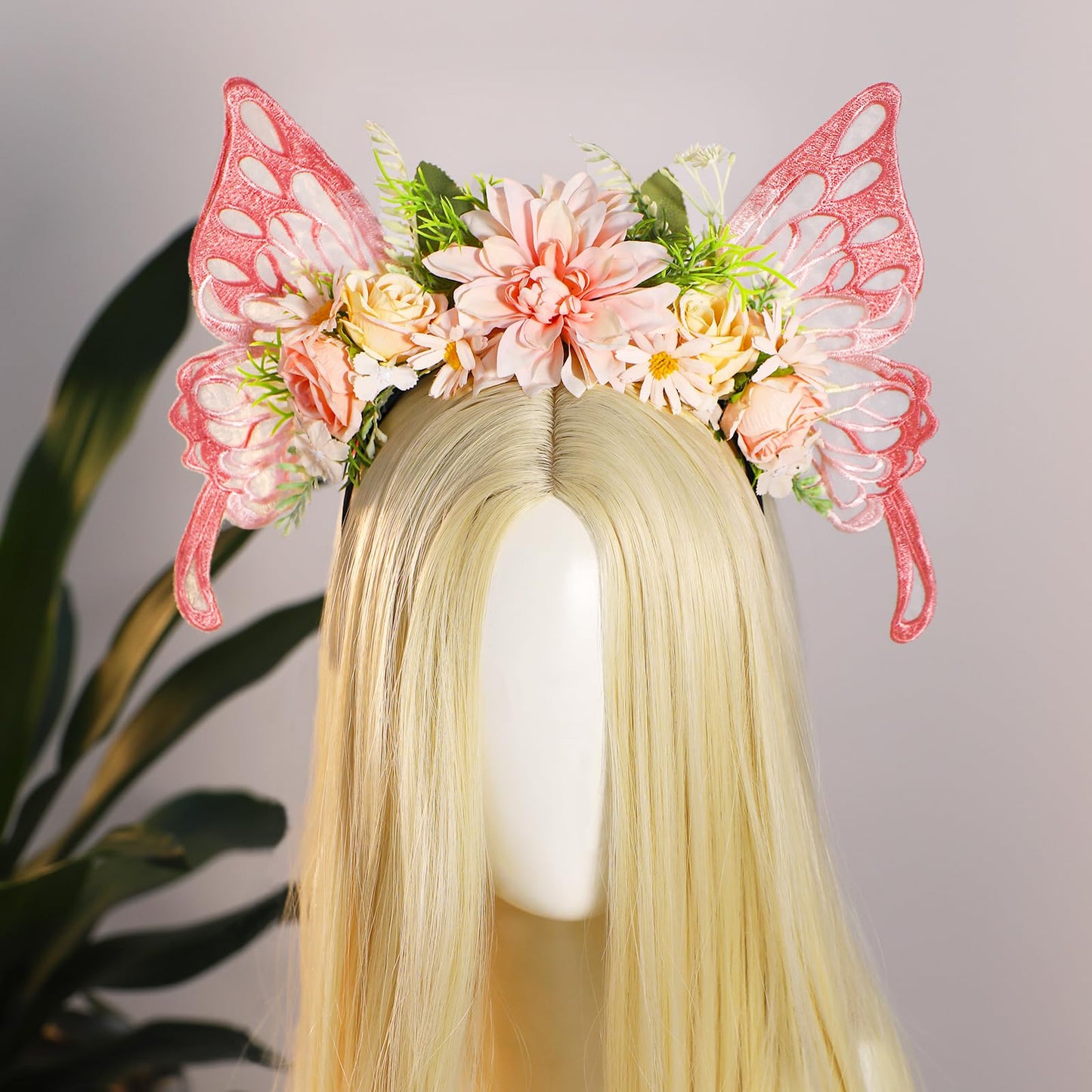 MOSTORY Pink Butterfly Fairy Headband - Flower Crown with Wings Woodland Floral Hairband Elf Forest Headpiece for Women Princess Renaissance Renfaire Fairy Outfit Cosplay Photo Shoot