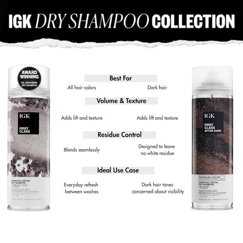 IGK First Class After Dark Charcoal Detox Dry Shampoo for Dark & Brunette Hair | Brown Tinted No White Residue Spray Adds Volume + Texture | Oil Absorbing & Odor Eliminating Formula | 6.5oz
