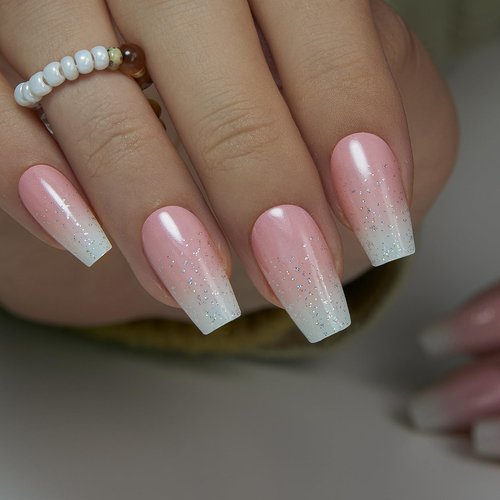Curvlife Bling Coffin Press on Nails Short Square Acrylic Fake Nails with Apricot Design Full Cover False Nails Glossy Gradient Artificial Stick on Nails for Women(Gradient Nude White)