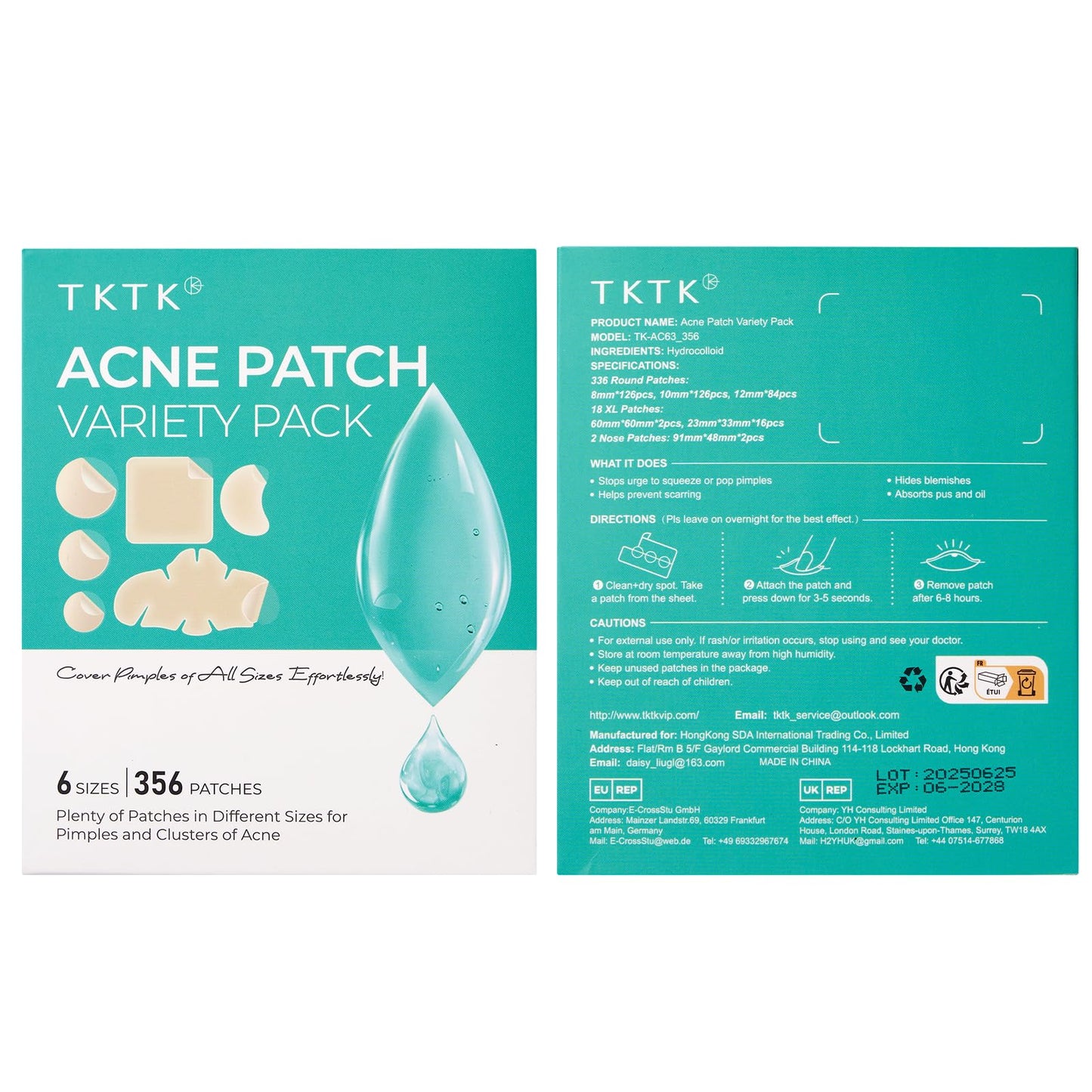 TKTK Pimple Patches for Face, 6 Sizes Hydrocolloid Acne Patch Variety, Large Acne Stickers for Cheeks, Forehead, Chin, Nose, Back Blemishes Zit Breakouts (4 Shapes 356 Count)
