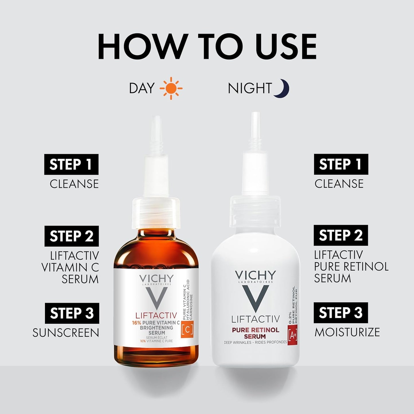 Vichy Anti-Aging Duo - LiftActiv 16% Vitamin C & Pure Retinol Serum Set for Brightening and Plumping