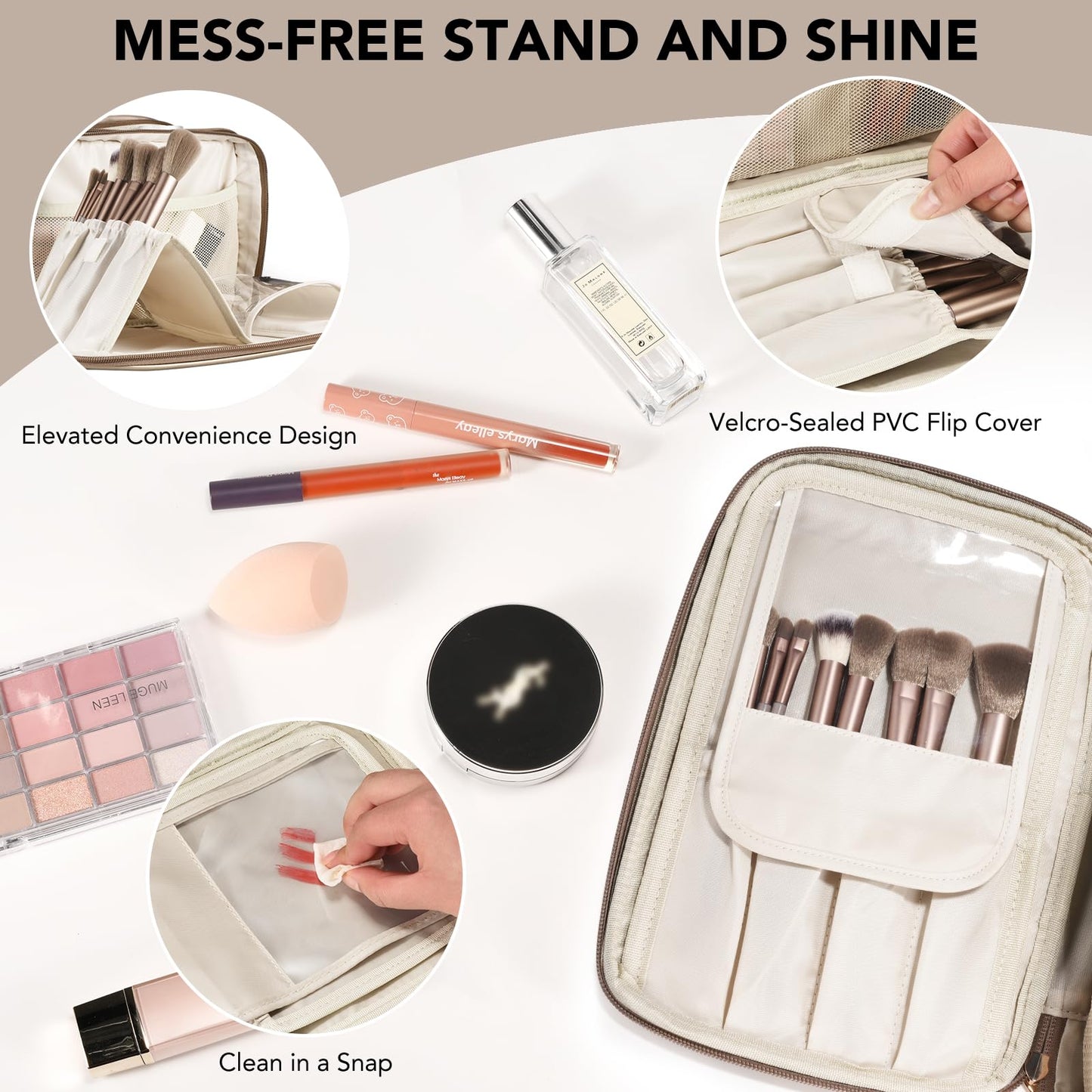 Travel Makeup Bag Women's Large Capacity Cosmetic Portable Organizer Large Opening Waterproof Storage Toiletry Bags Vertical Free-Standing Brush Holder for Easy Access Copper