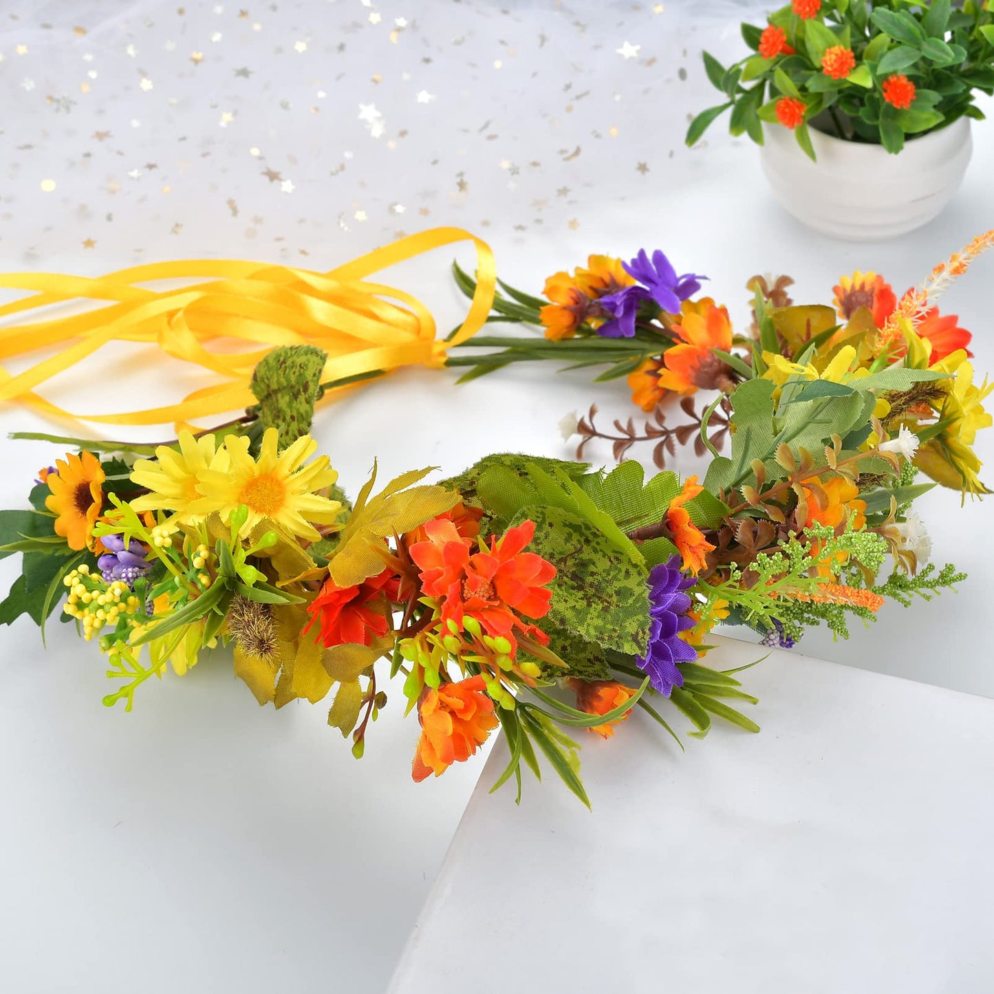 LLinfflr Floral Crown Flower Garland Headband Hair Wreath Floral Headpiece Halo Boho Party Prom Wedding Photos Golden