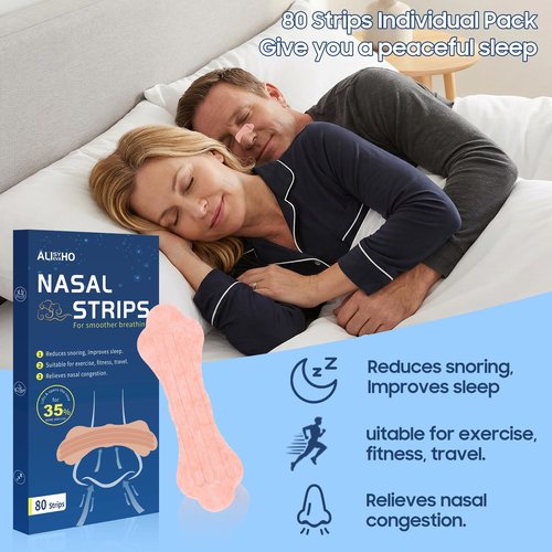 80Pcs Nasal Strips for Snoring - Strong Adhesion Nose Strips for Breathing - Improves Sleep with Nasal Congestion Relief - All Day Use for Sports and Sleep