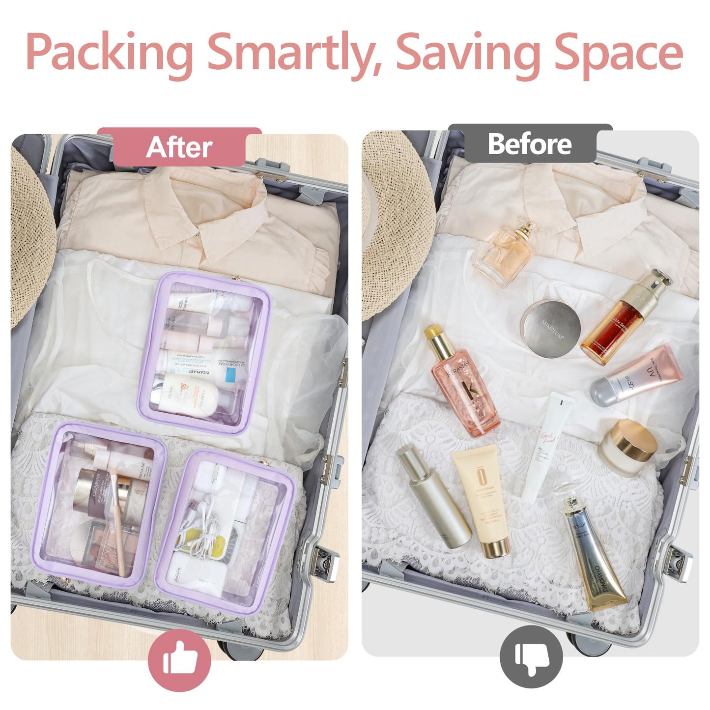 PACKISM TSA Approved Toiletry Bag - Amazing Color-Edged Clear Makeup Bag, 3 Pack in Spacious Space, Reusable Clear Toiletry Bags with Great Value, Purple