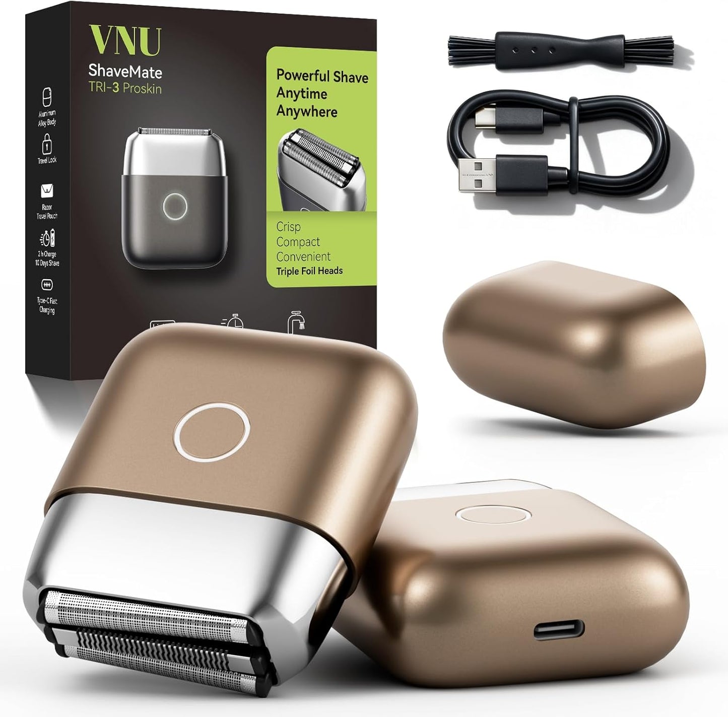 VNU Alloy Body Foil Shaver - Mini Travel Electric Razor for Men | IPX7 Waterproof, 60-Day Standby, Desert Titanium