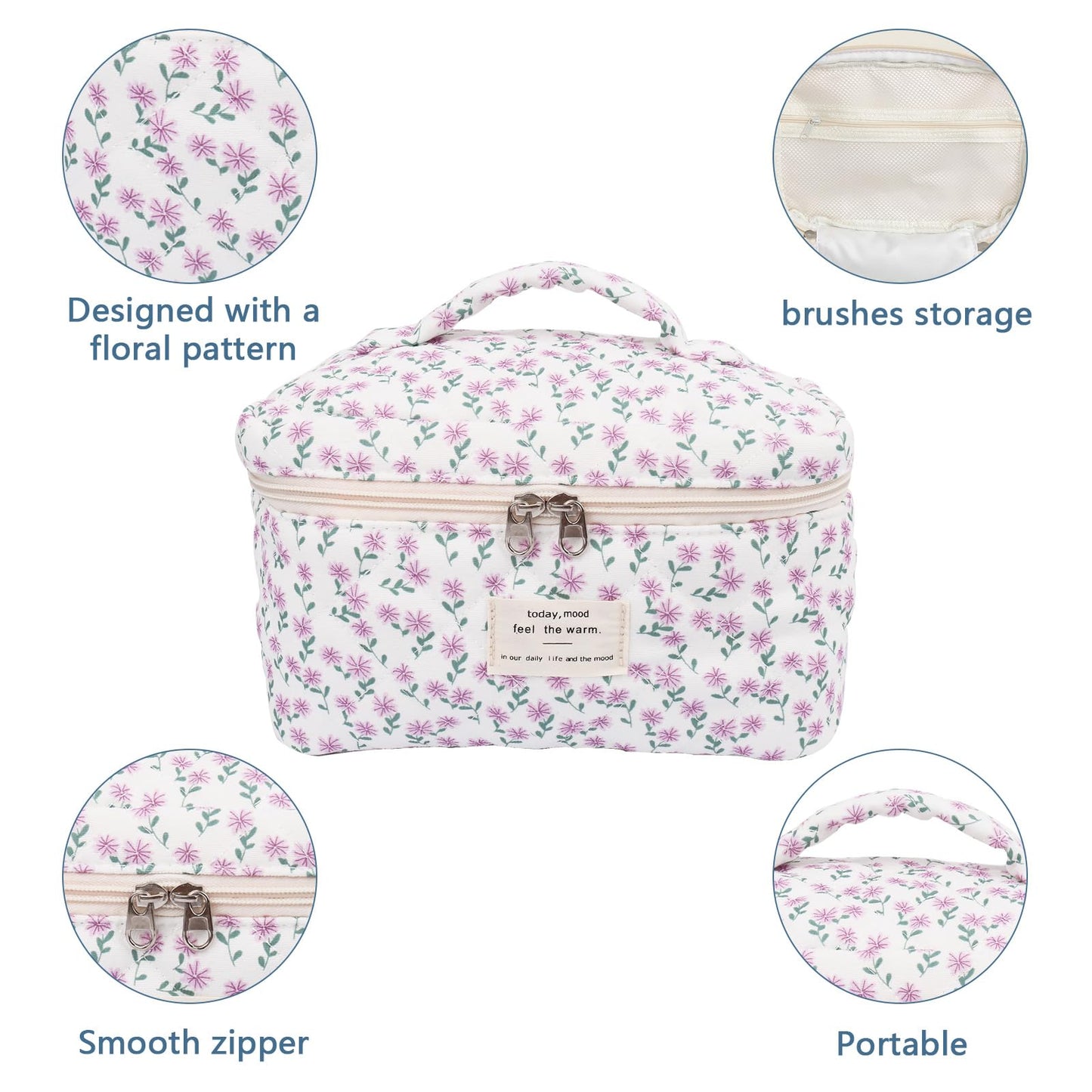 Large Makeup Bag, Cute Cosmetic Bag for Women Girls, Floral Coquette Aesthetic Toiletry Bag, Travel Make Up Organizer Bag (Purple Flower)