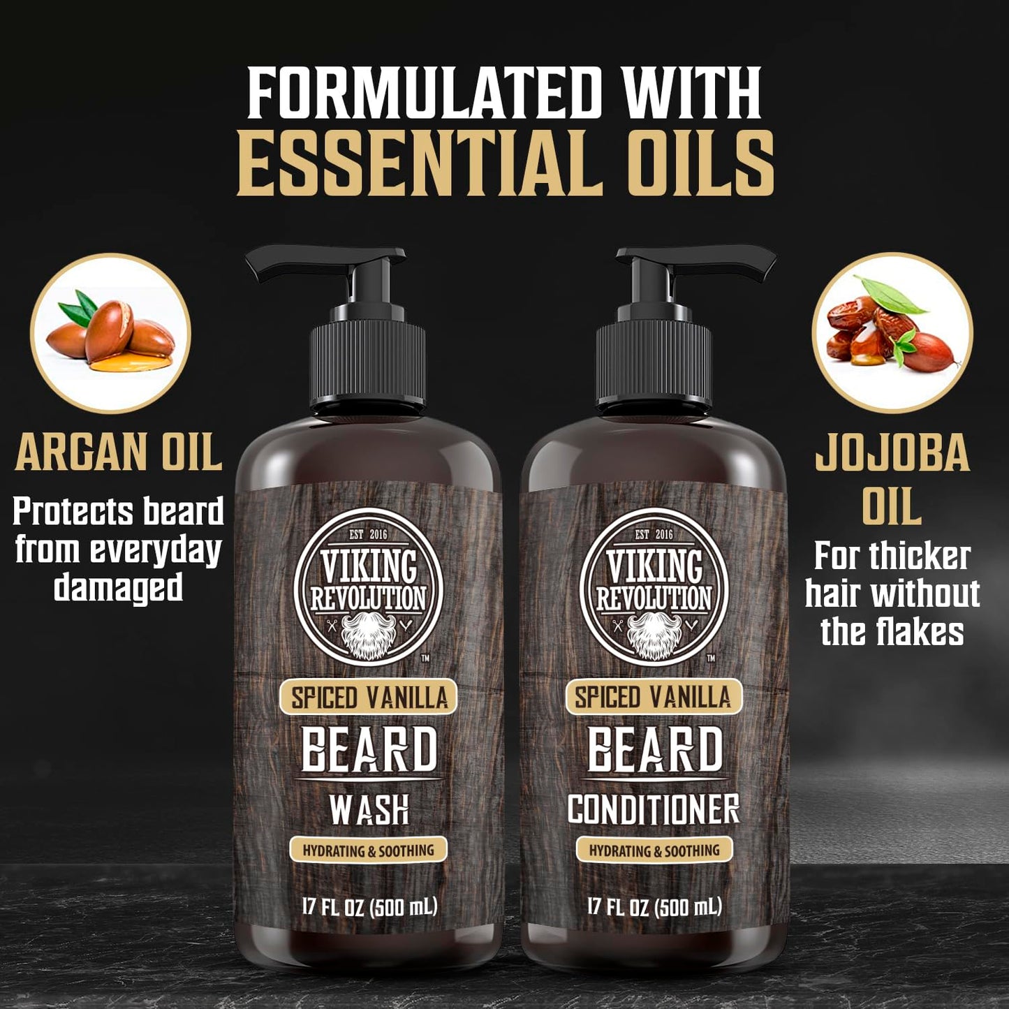 Viking Revolution Beard Wash & Conditioner | Argan & Jojoba Oil - Softens & Strengthens (17oz Spiced Vanilla)