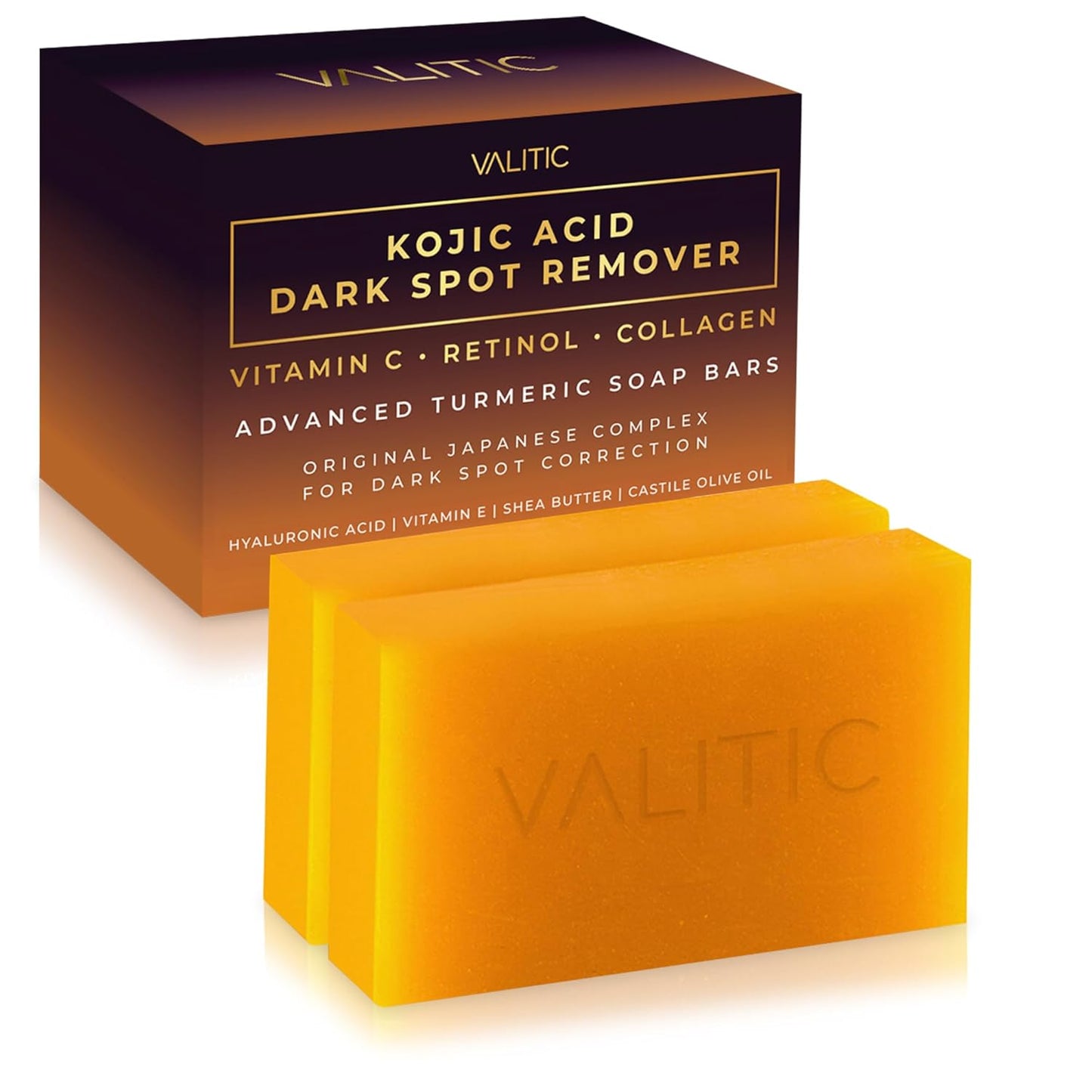 VALITIC Kojic Acid Dark Spot Remover Soap Bars - Infused with Vitamin C, Retinol & Turmeric (2 Pack)