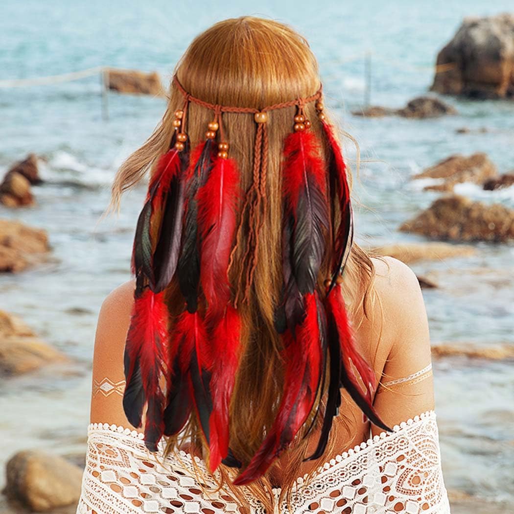 GORTIN Boho Feather Headband Hippie Headband Gypsy Feather Headpiece Indian Costume Headwear Hair Accessory for Women (B-Red, One size)