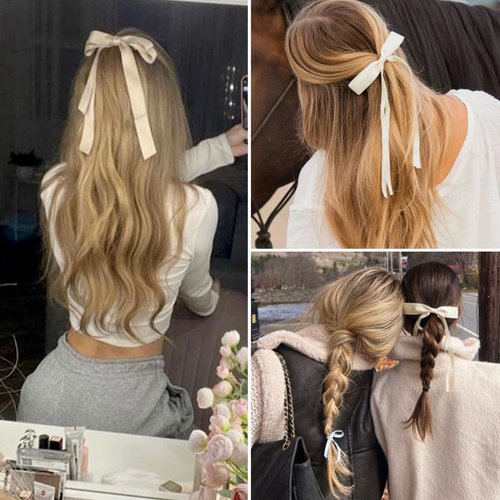 20PCS White Hair Bows for Women, Hair Ribbons for Girls Hair, 12PCS Long Tassel Bowknot Ponytail Holder and 8PCS Short Tail Hair Clips, Solid Silky Hair Barrettes Satin Hair Accessories