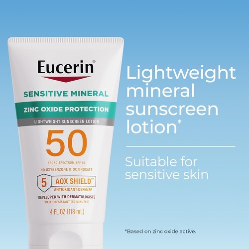 Eucerin Sun Sensitive Mineral Sunscreen Lotion SPF 50 - Hypoallergenic Zinc Oxide Protection | 4 Fl Oz Tube