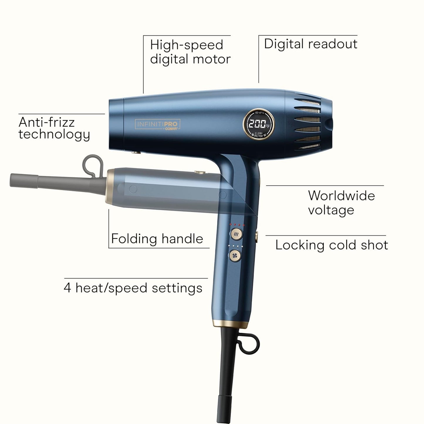 Infiniti PRO by CONAIR Ionic Hair Dryer - 1875W Frizz-Reducing Blow Dryer with Diffuser | Fast Drying Power in Blue