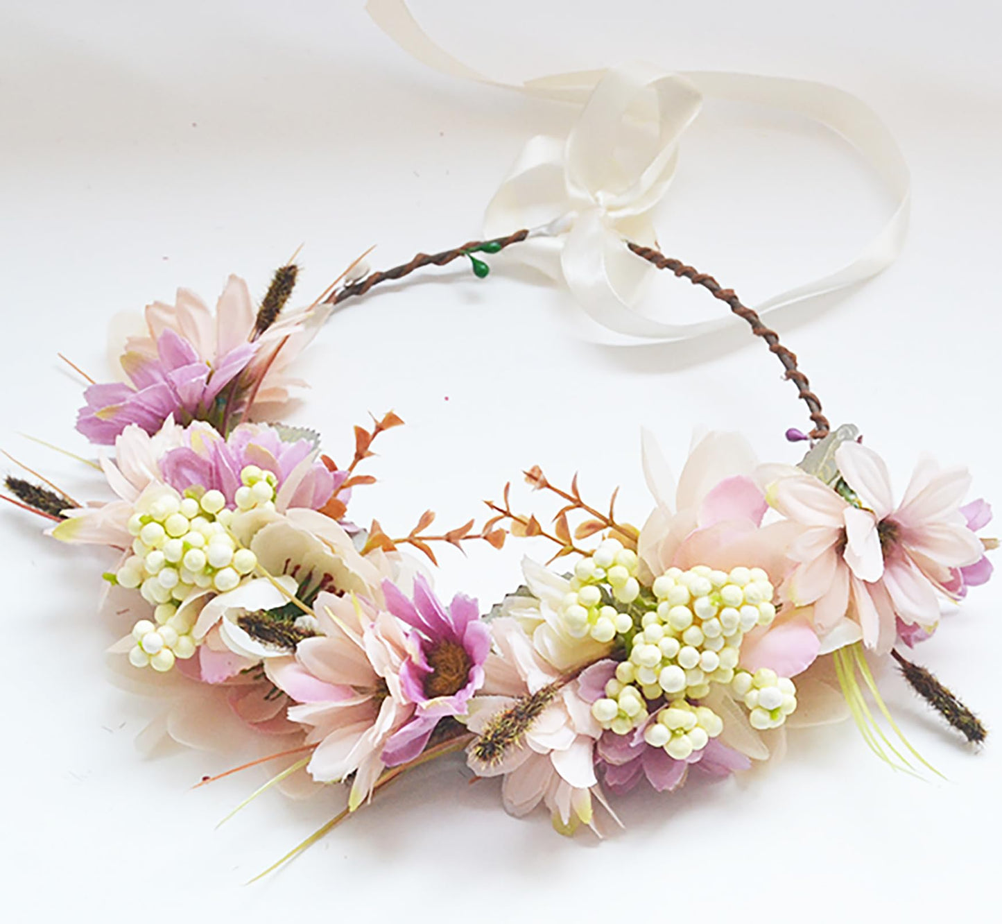 LLinfflr Fairy Flower Crown Woodland Headband Forest Headpiece for Women Girls Elven with Wristband Floral Circlet Bridal Wedding Prom Halloween Cosplay Photos Yellow