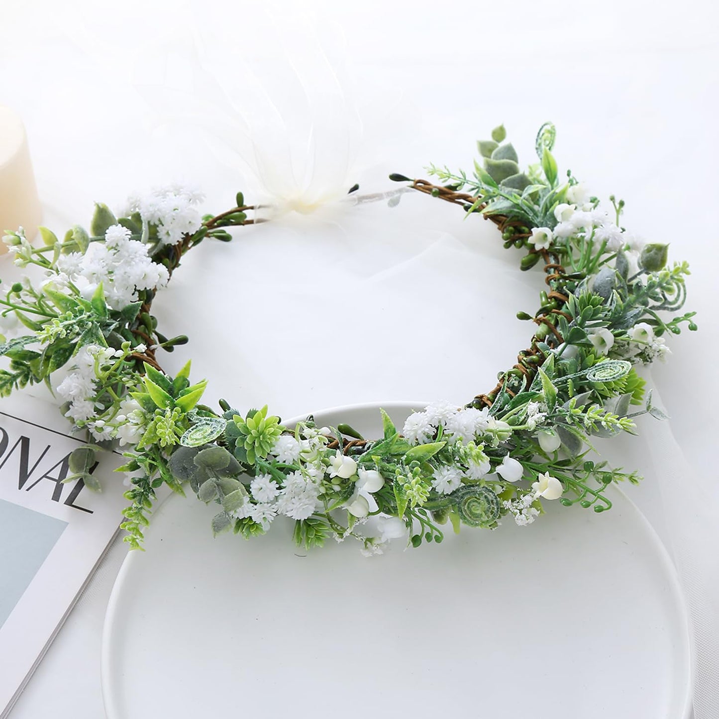 YnimioAOX Handmade Adjustable Flower Wreath Headband Halo Floral Crown Garland Headpiece,E2727-beige