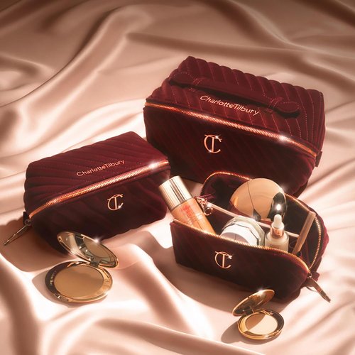 Charlotte Tilbury Travel Makeup Bag - Quilted Velvet Cosmetic Organizer with 5 Compartments & Zip Pocket | Iconic Night Crimson