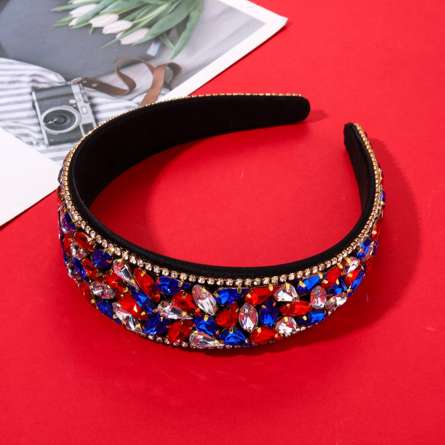 American Flag Rhinestone Headband for women Sparkly Red White Blue Crystal Embelishied Hairbands Twist Turband Headead (rhinestone-red white blue)