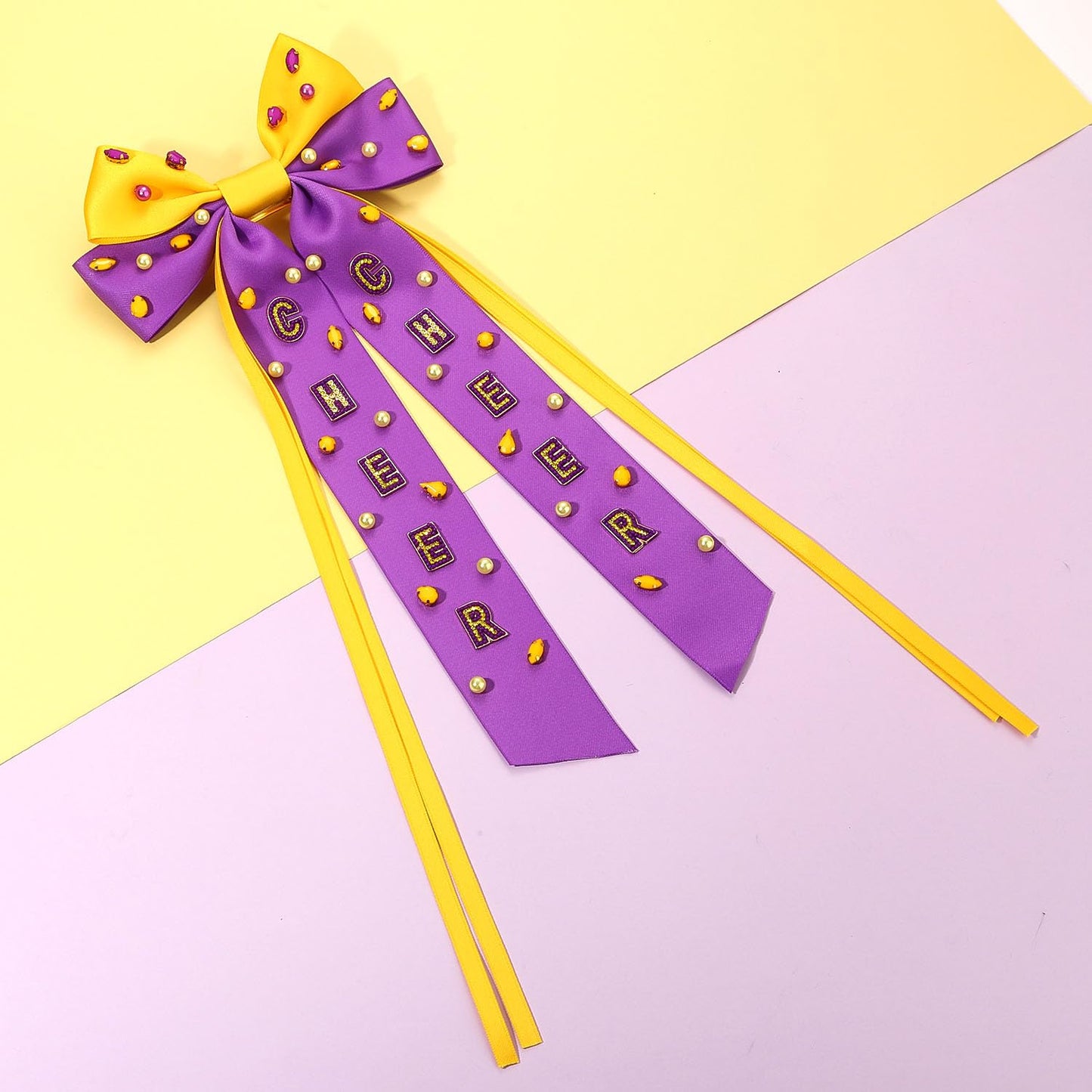 NLCAC Game Day Hair Bows for Women Beaded Football Hair Bow Clip Silky Satin Bow Hair Barrette Accessories(Purple Yellow Cheer)