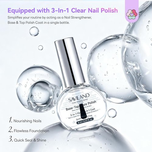 SAVILAND Quick-Dry Nail Polish Kit - 6+1 Colors with 3-in-1 Base, Top Coat & Cuticle Oil | Pearl Glitter Set for DIY Manicure