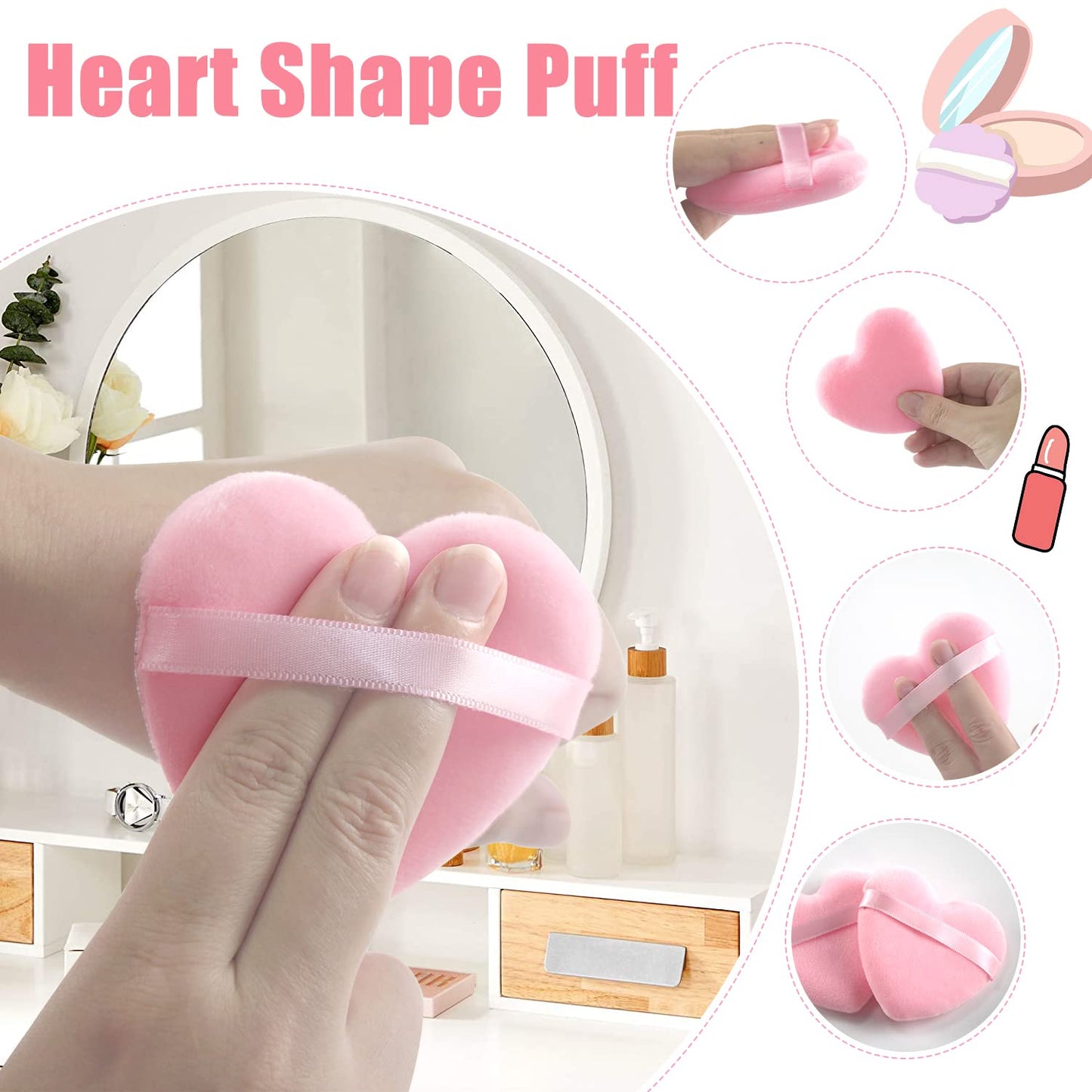 Skiennix Powder Puff Set - Soft Heart Shape Makeup Sponges for Loose & Mineral Powders | Pink, 6 Pieces
