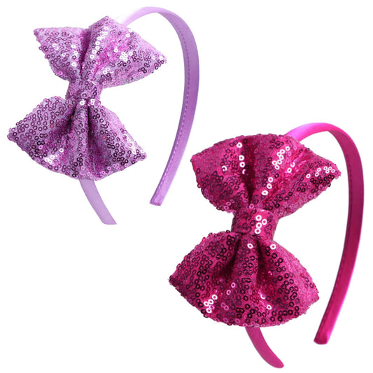 Kiszu Sparkly Sequin Hair Bow Headbands Fashion Glitter Cute Boutique Ribbon Bows for Girls, Kids, and Women (Light Purple,Hot Pink)