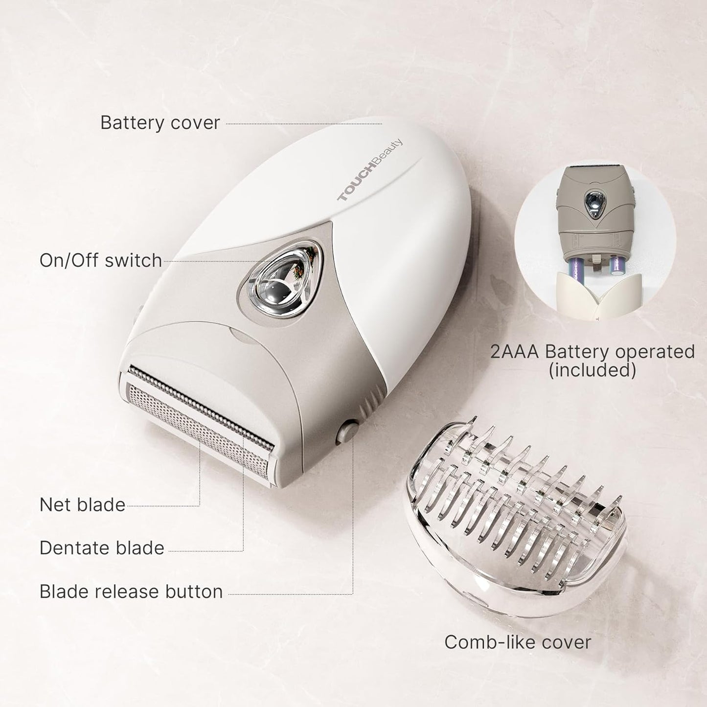 TOUCHBeauty Electric Shaver - Painless Bikini Trimmer with 3-Blade System | Cordless Wet/Dry Razor for Women, Gray