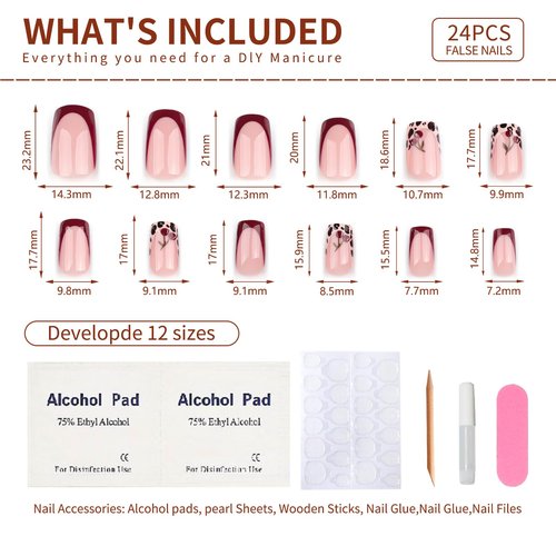 French Press On Nails Short Square, Pink Fake Nails with Leopard French Tips and Cherry Garnish Designs, Glossy Gel Finish Acrylic Press On Nails, Thick Natural Glue On Nails Kit, Leopard Cherry
