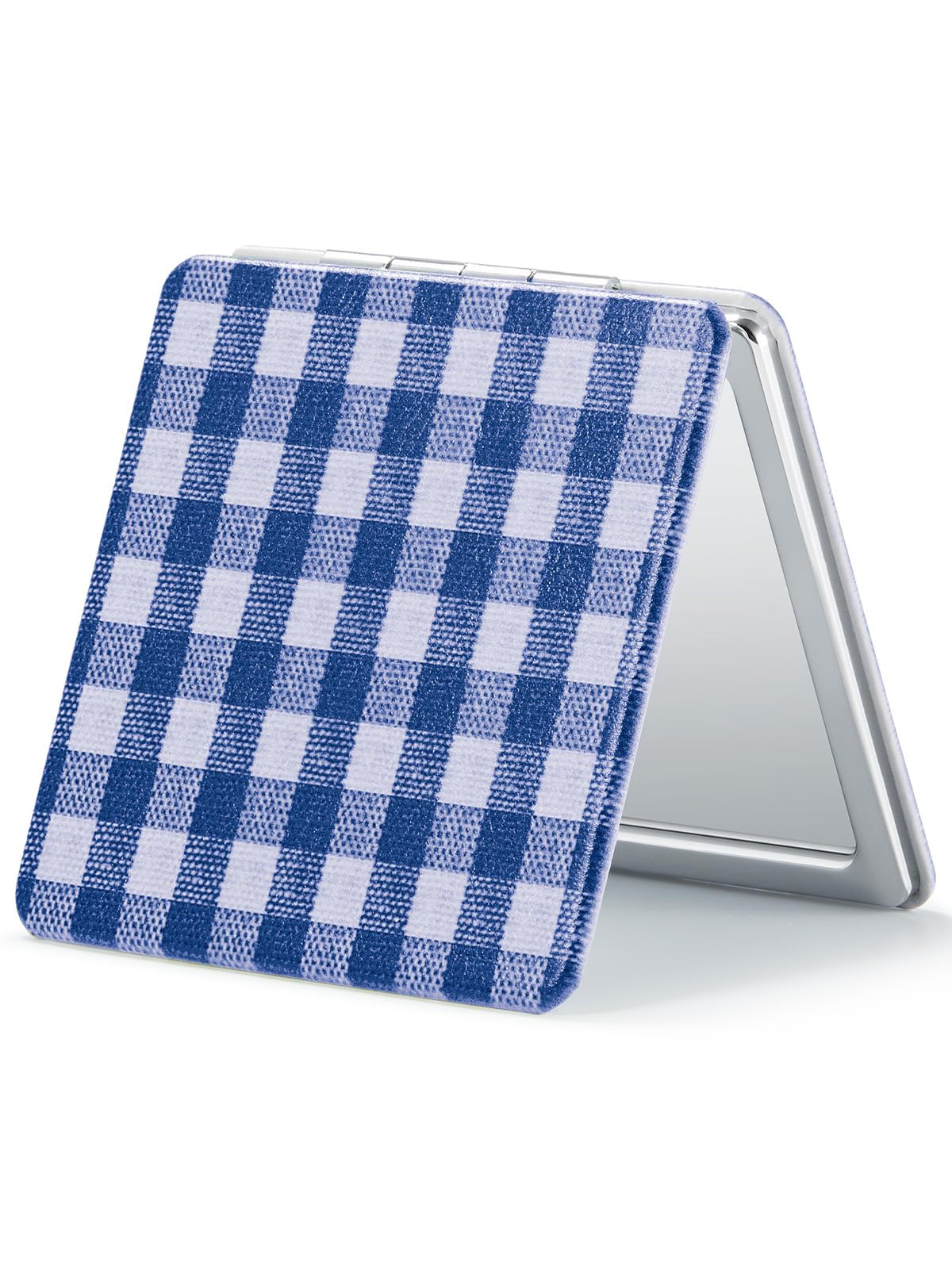 OMIRO Compact Mirror, Unique Plaid Pattern PU Leather 1X/3X Magnification, Ultra Portable for Purses, 2.76" W x 2.76" L, Blue Plaid